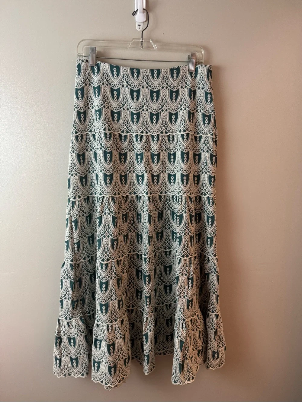 LAFFAIRE Embroidered Lace Tiered Maxi Skirt Medium Cottagecore Boho Prairie